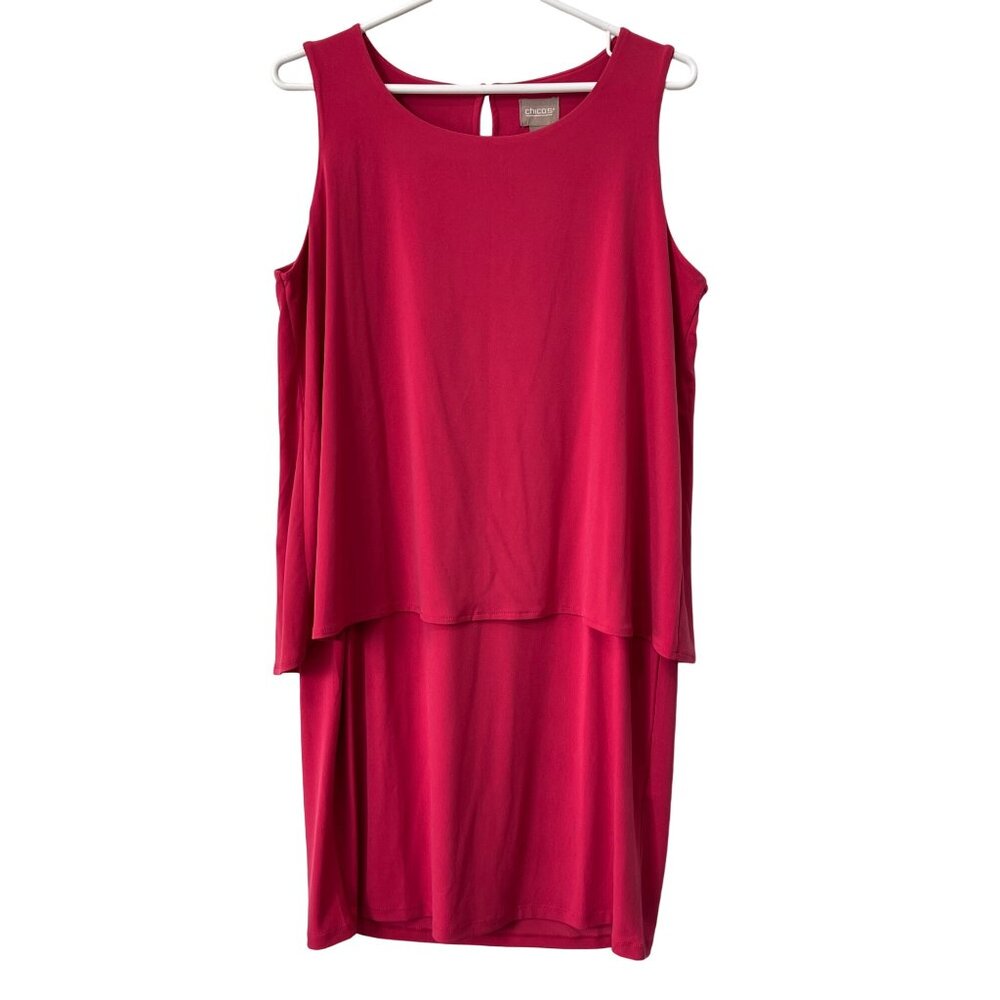 Chicos Ellie Layered Knee Length Dress Size Small 1 Sleeveless Deep Rose NEW